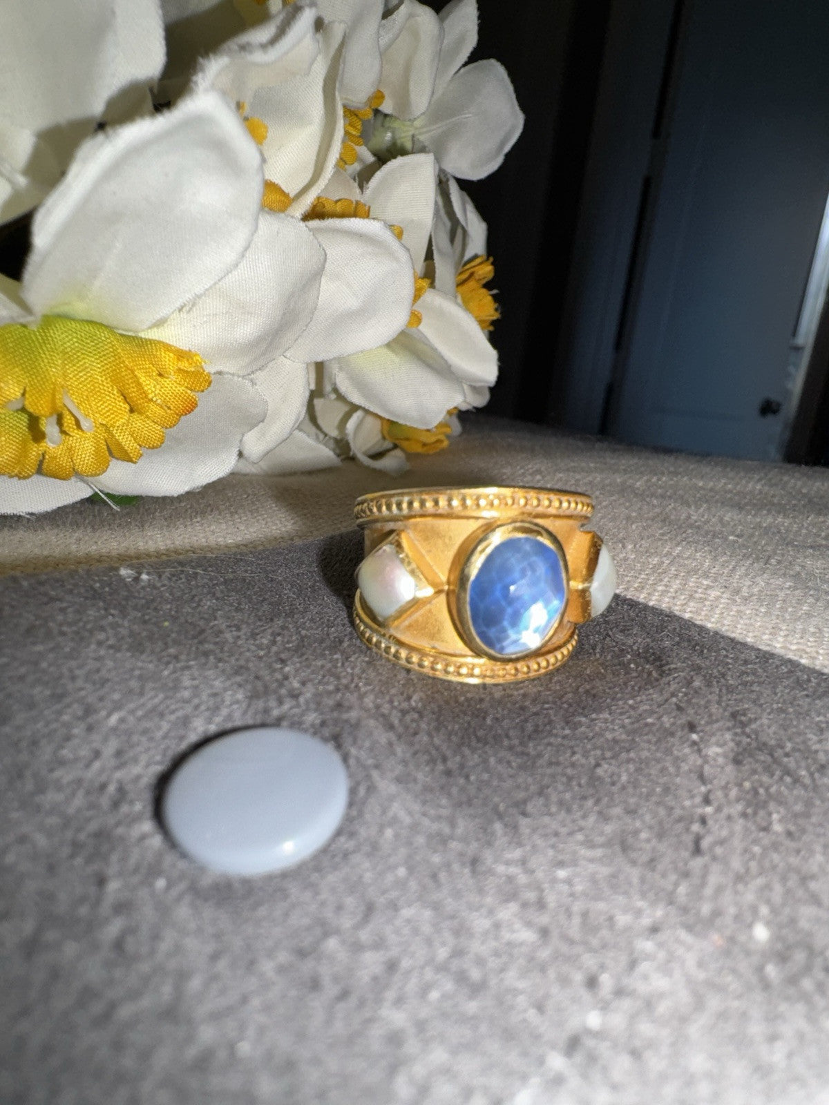 Julie Vos Blue & Pearl Statement Cuff  Ring Sz 7 ADJUSTABLE 24k Gold Plated Julie Vos