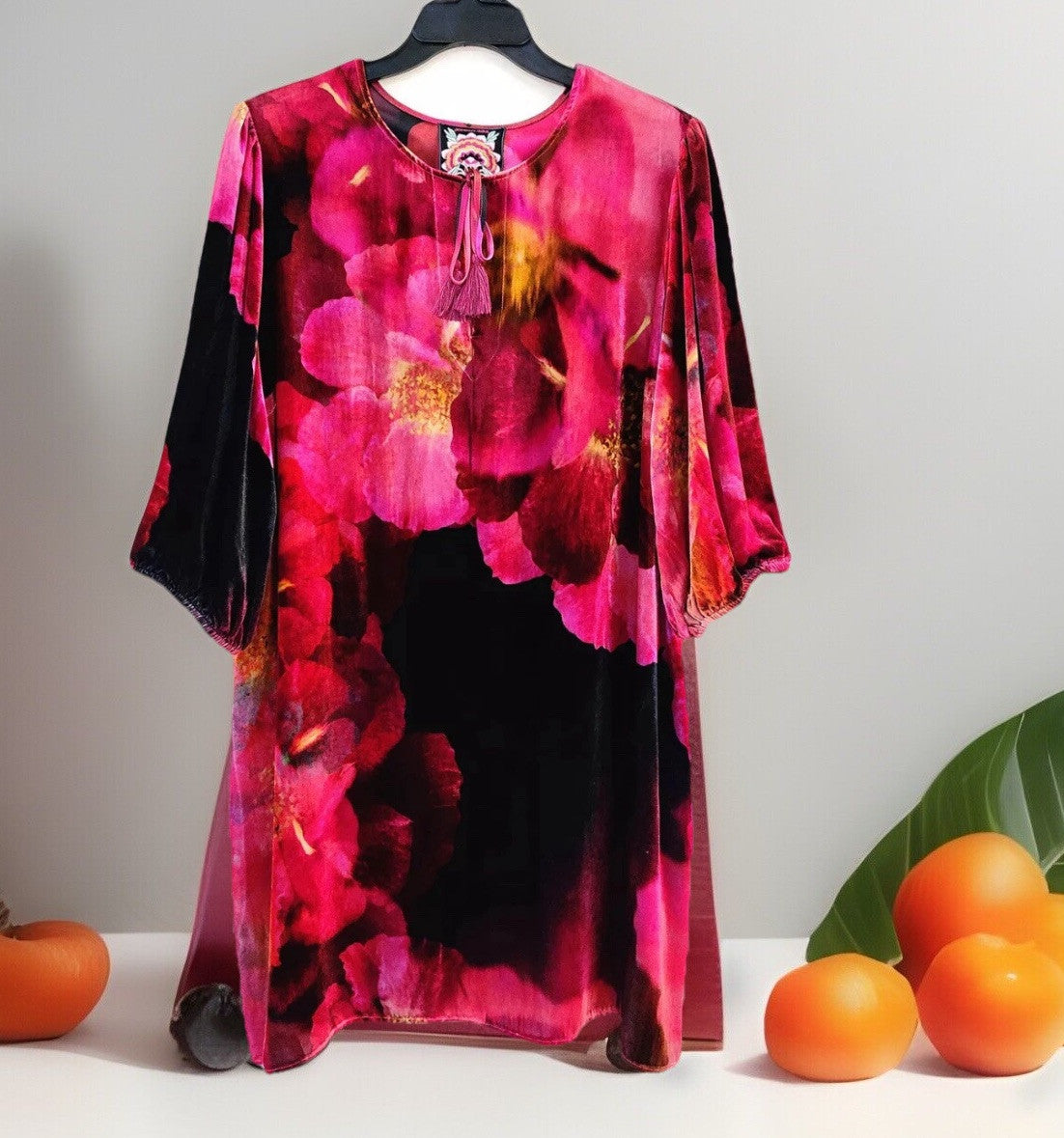 Johnny Was XXL Plus Velvet Shift Mini Dress Red Black  & Pink BOHO Floral Johnny Was