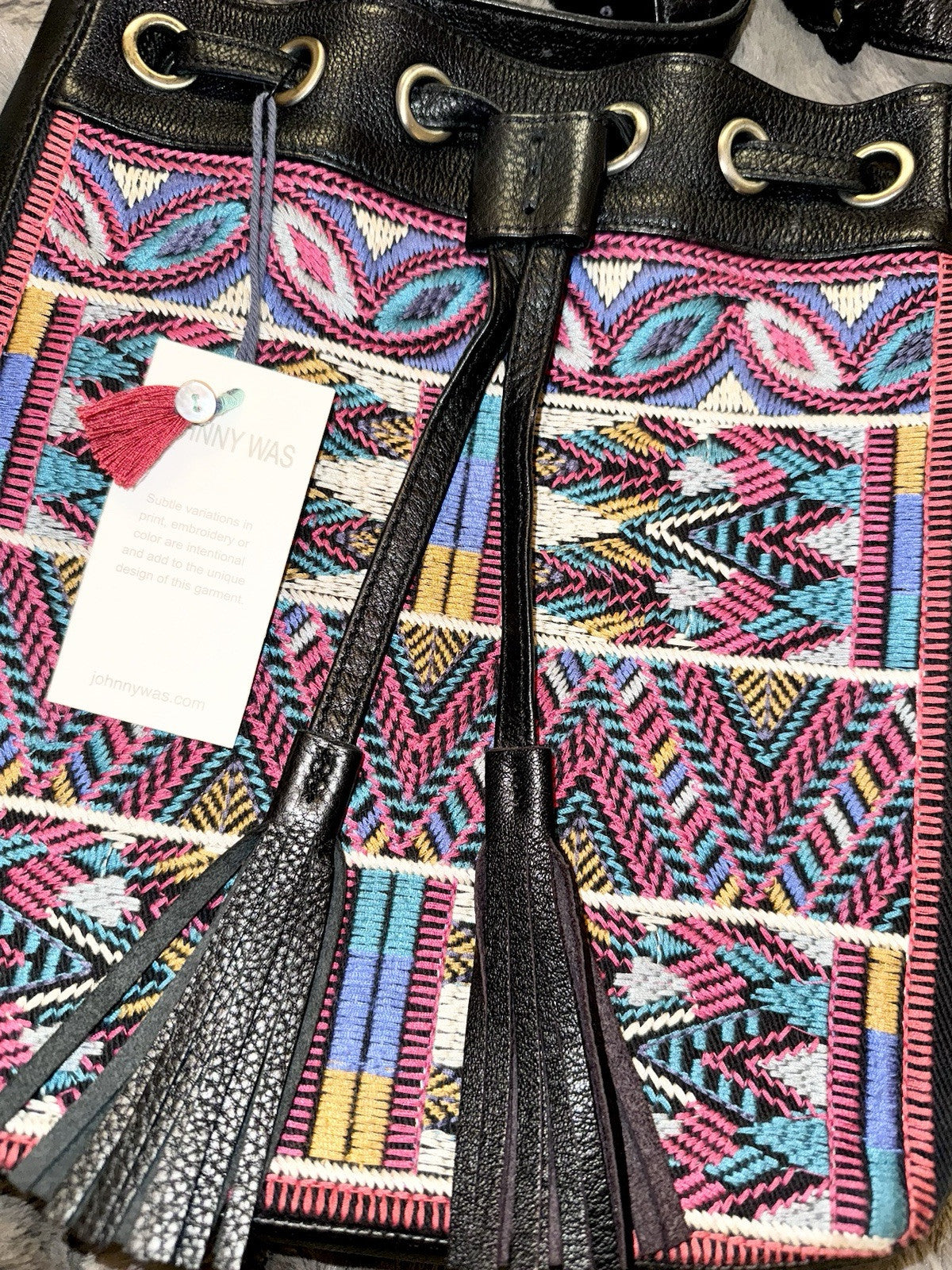 Johnny Was Black Leather Crossbody Purse Tote Bag Beautiful Embroidery Johnny Was