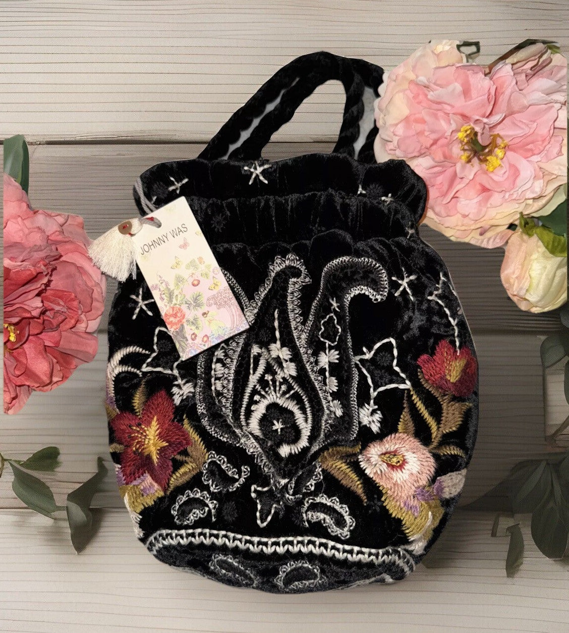 Johnny Was Black Velvet Embroidered Hobo Bag Tote Purse Pink Roses & Paisley Johnny Was