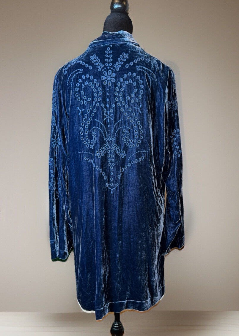 Johnny Was XL Midnight Blue Velvet Long Sleeve Tunic Top Eyelet Lace Cutout RARE Johnny Was
