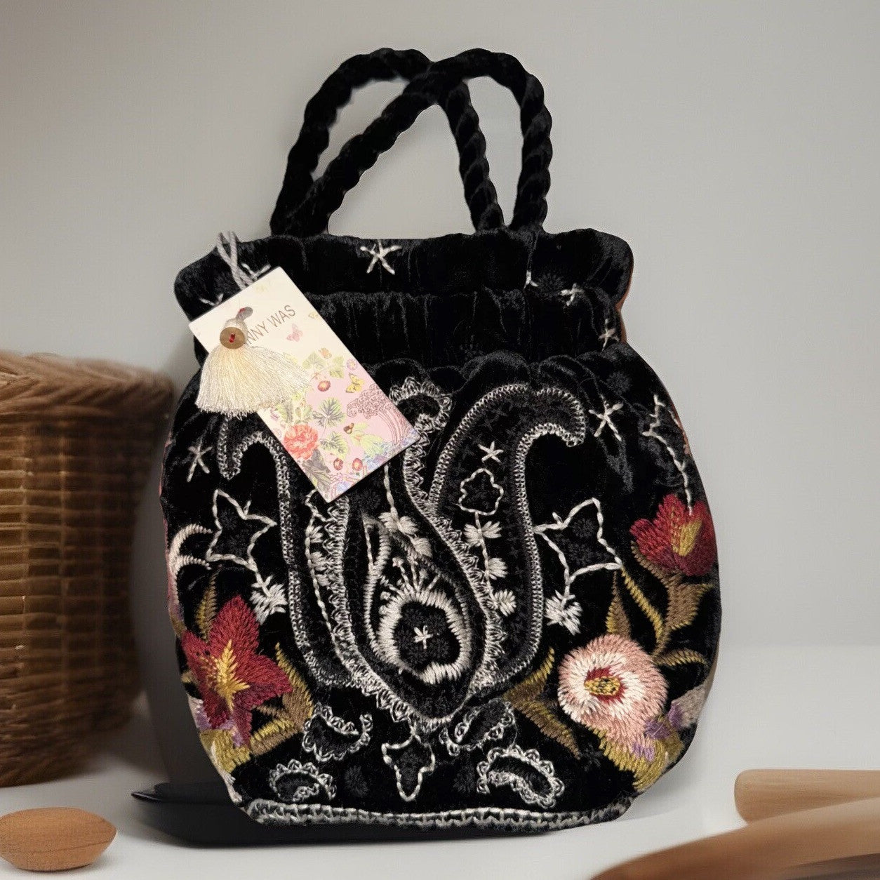 Johnny Was Black Velvet Embroidered Hobo Bag Tote Purse Pink Roses & Paisley Johnny Was