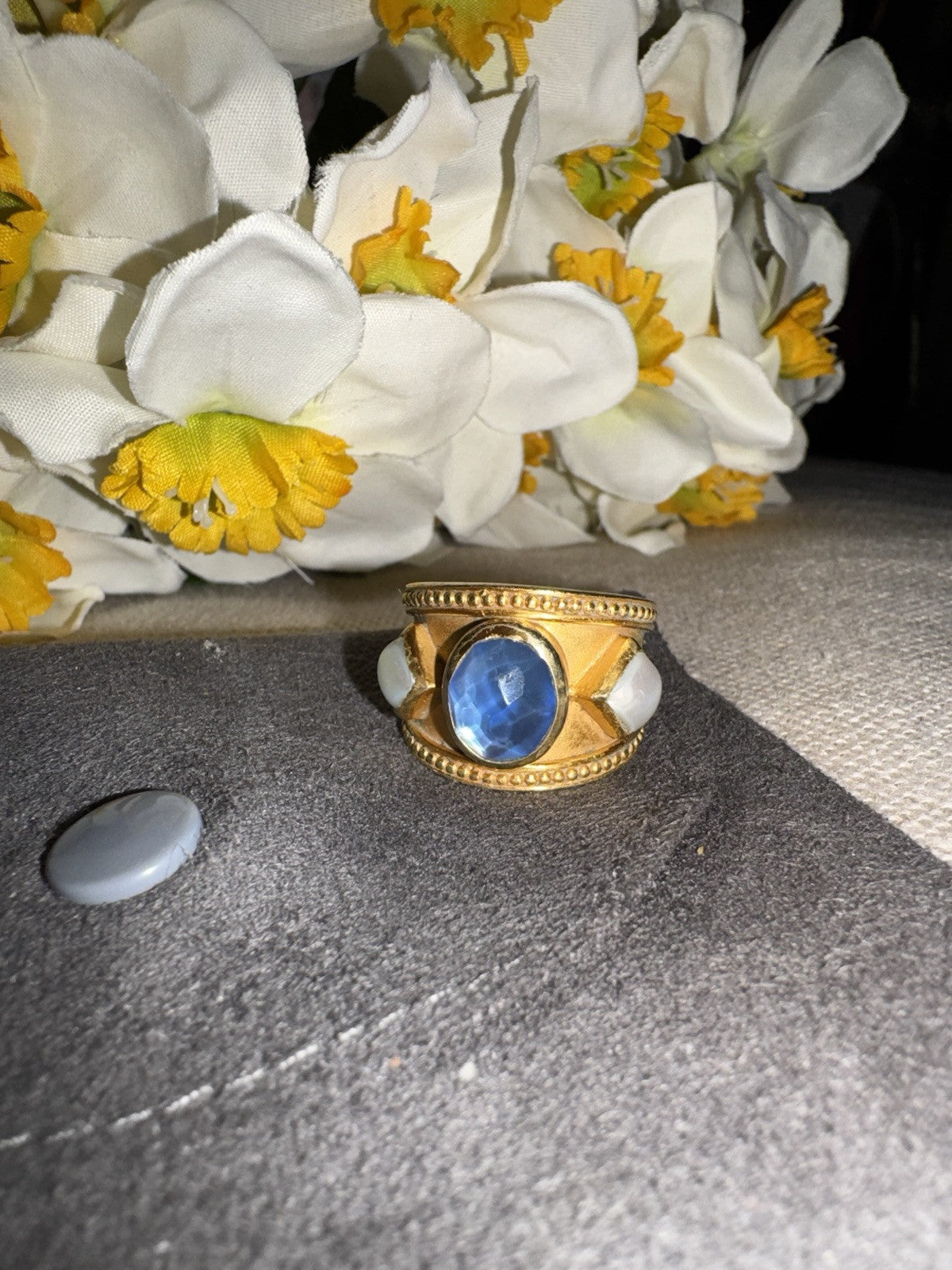 Julie Vos Blue & Pearl Statement Cuff  Ring Sz 7 ADJUSTABLE 24k Gold Plated Julie Vos