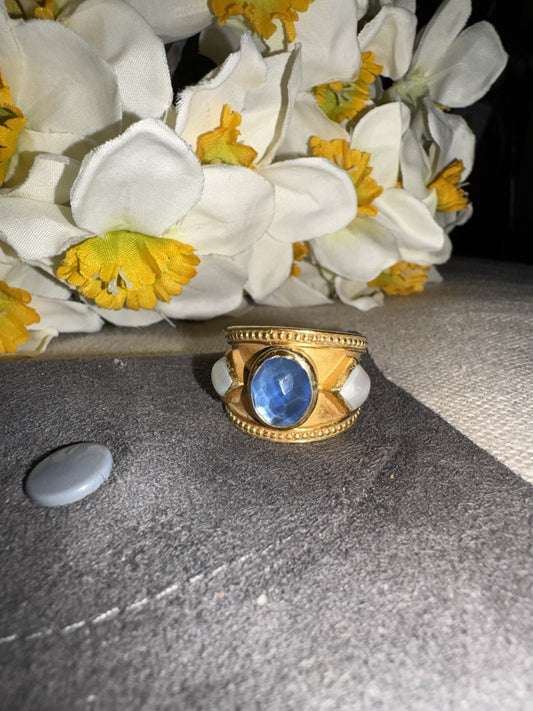 Julie Vos Blue & Pearl Statement Cuff  Ring Sz 7 ADJUSTABLE 24k Gold Plated Julie Vos
