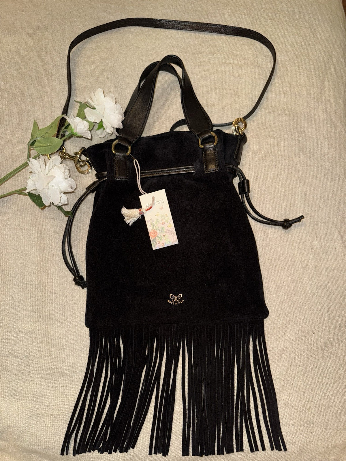 Johnny Was Black Suede Leather Crossbody Bag Purse Tote Hobo Tassels Johnny Was